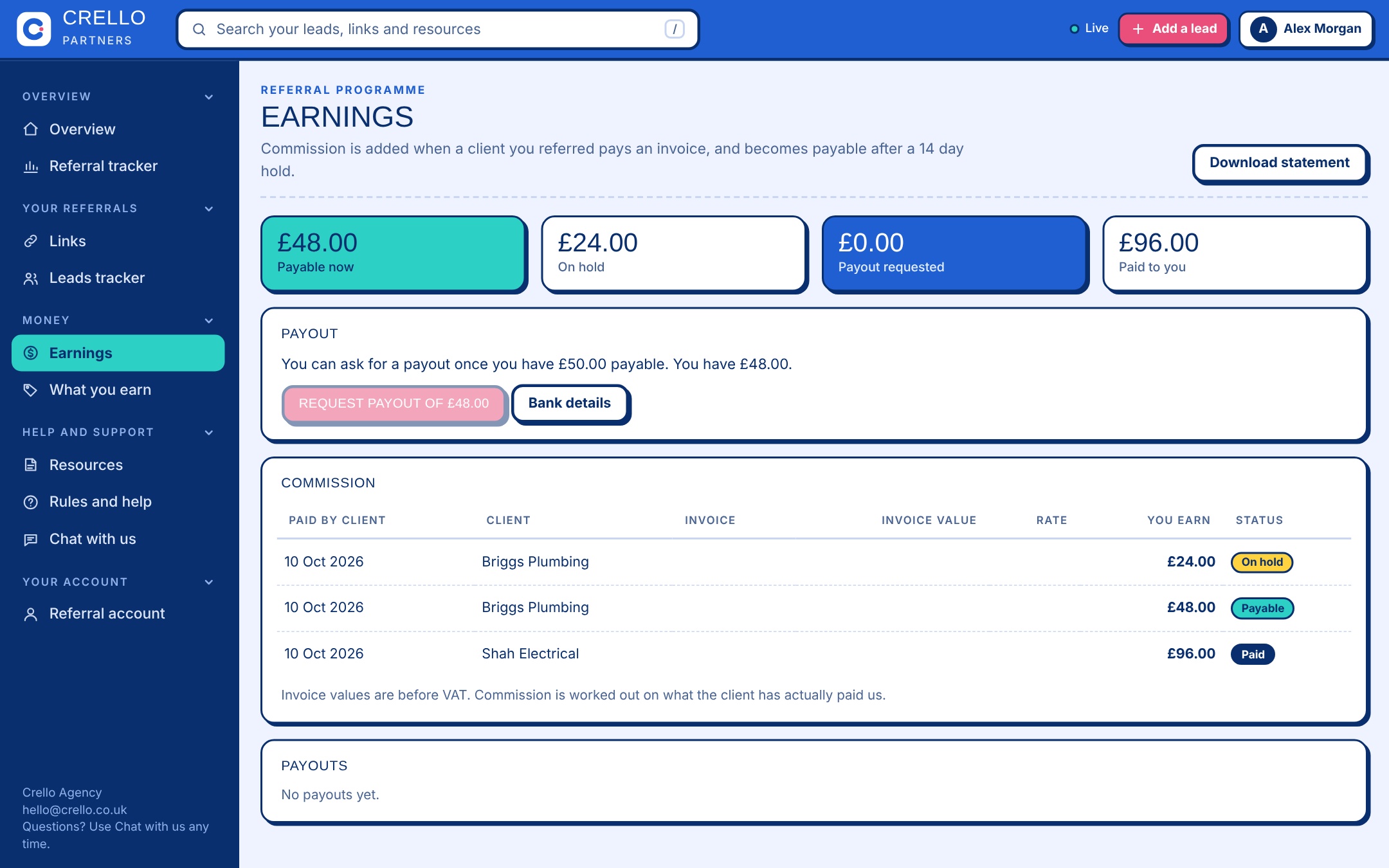The earnings page showing payable, on hold and paid commission with a payout request button