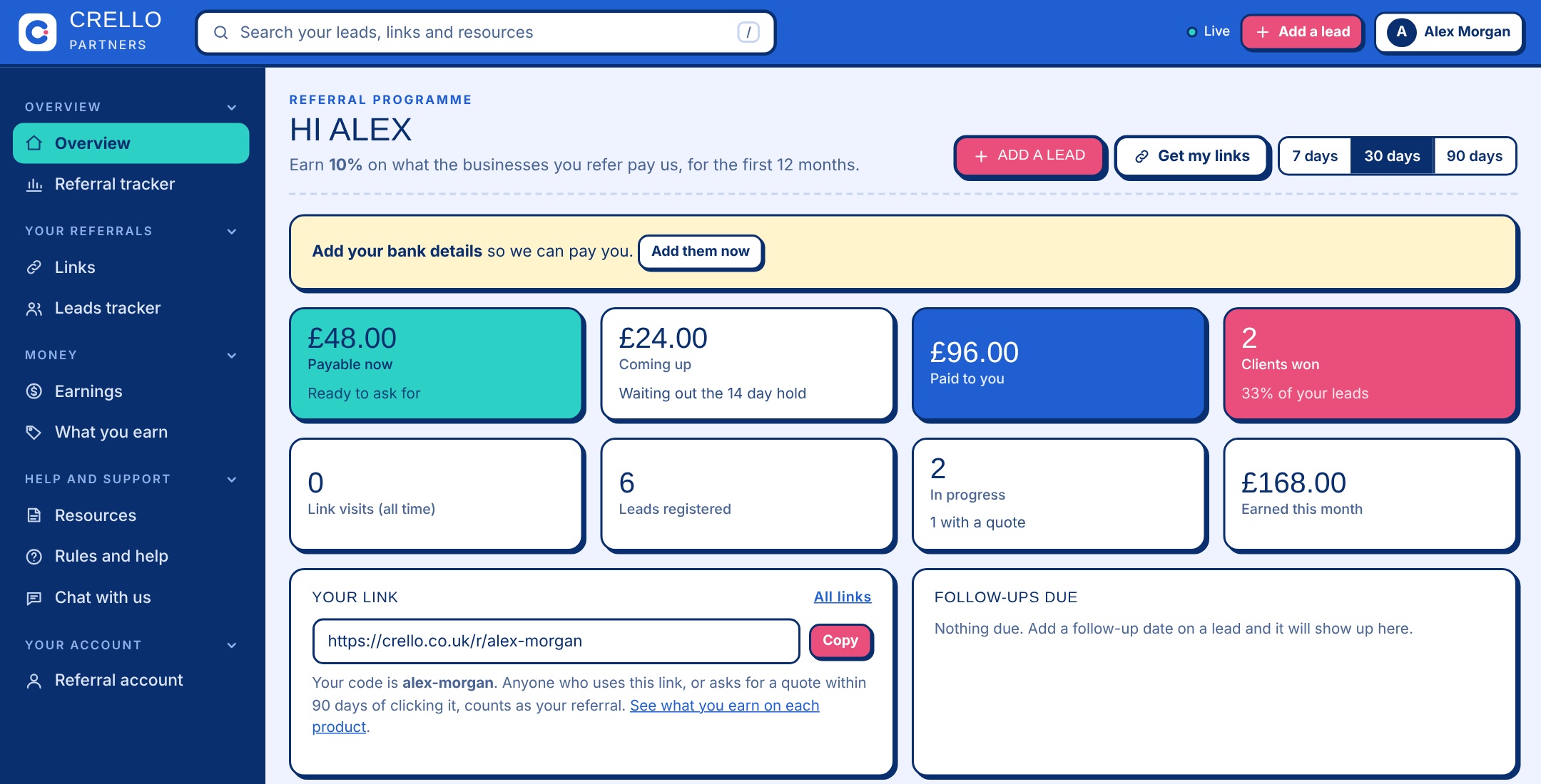 The partner overview showing payable commission, clients won, leads registered and your own referral link