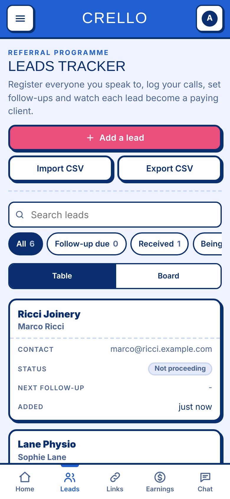 Phone view of leads tracker